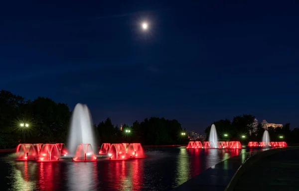 Fontaine Nuit Éclairée Moscou — Photo