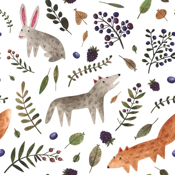 Seamless pattern with wild forest animals. Watercolor hand painted rabbit, wolf, fox and different plants. Woodland animals background perfect for children\'s textiles, wrapping, cards, wallpaper