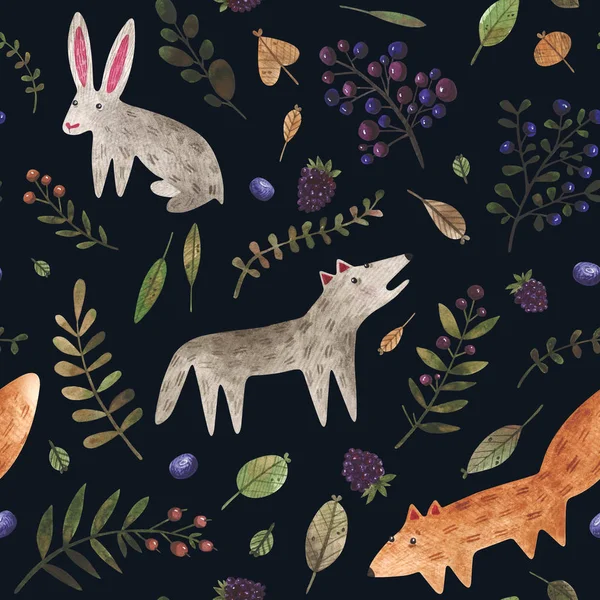 Seamless pattern with wild forest animals. Watercolor hand painted rabbit, wolf, fox and different plants. Woodland animals background perfect for children\'s textiles, wrapping, cards, wallpaper