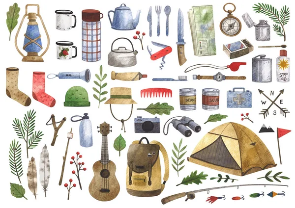Big watercolor set of camping and hiking equipment, outdoors adventure, recreation tourism. Isolated items needed in the journey.