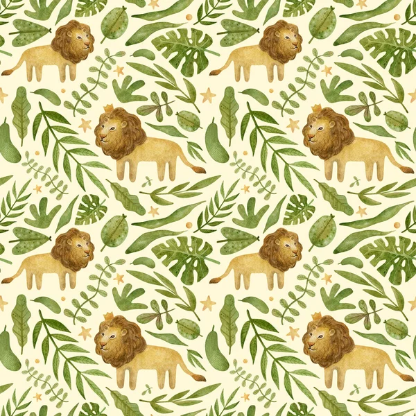 Watercolor seamless pattern with lion and plants. Jungle adventure background with wild cat and leaves.  Woodland animals texture perfect for children's textiles, wrapping, cards, wallpaper