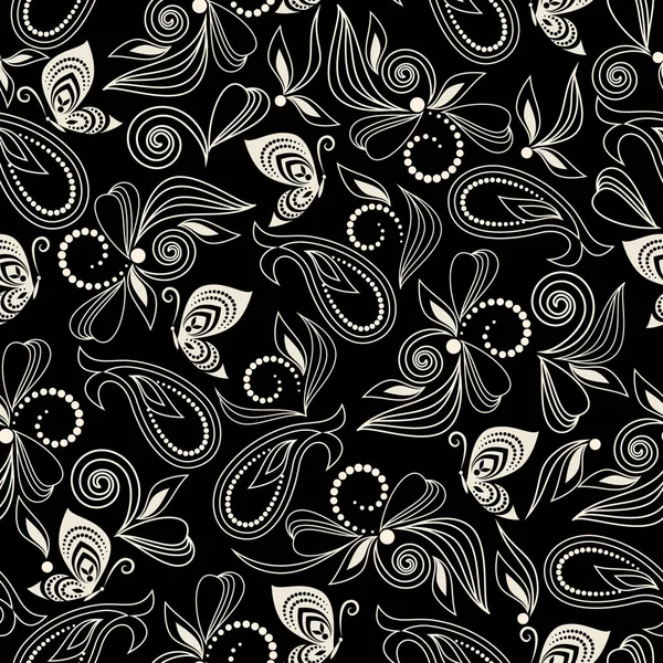 Nahtloses Schwarz Weißes Muster Mit Paisley Und Schmetterlingen Traditionelles Ethnisches — Stockfoto