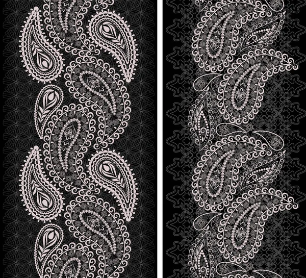 ペイズリーと花のシームレスな黒と白のレース パターン 伝統的な民族飾り のベクトルを設定します パターン テキスタイル デザインの使用 — ストックベクタ