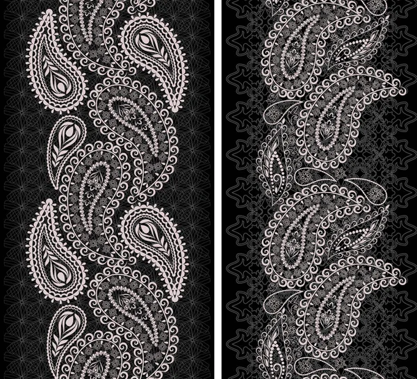 Paisley ve çiçeklerin ile sorunsuz siyah beyaz dantel modeli. Geleneksel etnik süs. Vektör set 2. Kullanım için duvar kağıdı, desen dolgularını, tekstil tasarımı.
