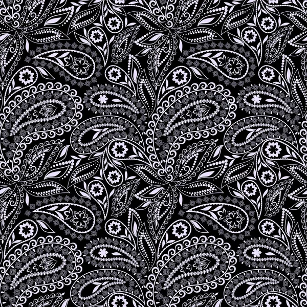 Patrón Blanco Negro Sin Costuras Con Paisley Flores Ornamento Étnico — Vector de stock