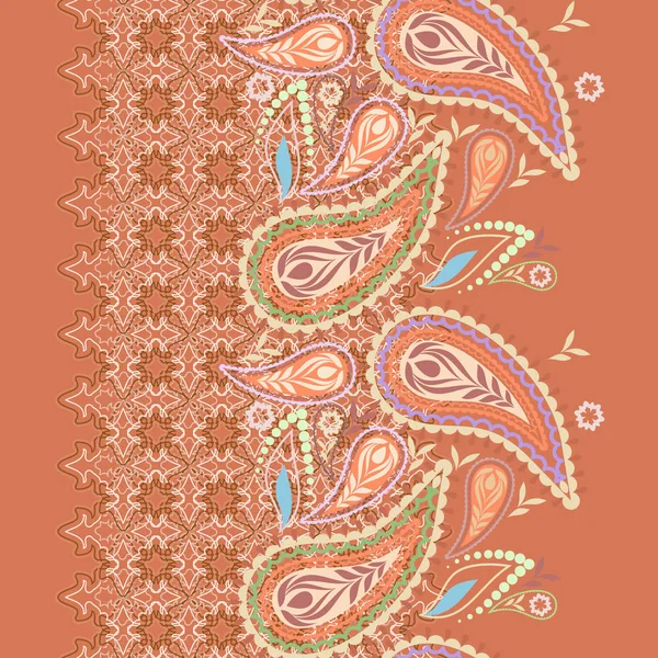 Modèle Dentelle Sans Couture Avec Paisley Fleurs Ornement Ethnique Orange — Image vectorielle