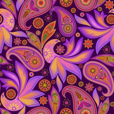 Paisley ile Seamless Modeli bordo. Geleneksel etnik süs Phoenix kuş. Parlak vektör arka plan.