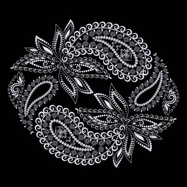Paisley - beyaz desen siyah arka plan, izole nesne üzerinde yuvarlak. Vektör tasarımı için yazdırma.