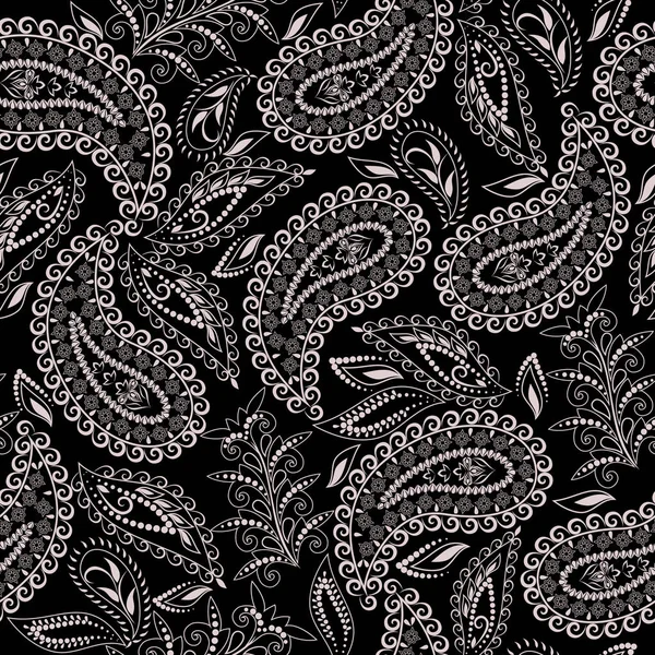 Patrón Blanco Negro Sin Costuras Con Paisley Flores Ornamento Étnico — Vector de stock