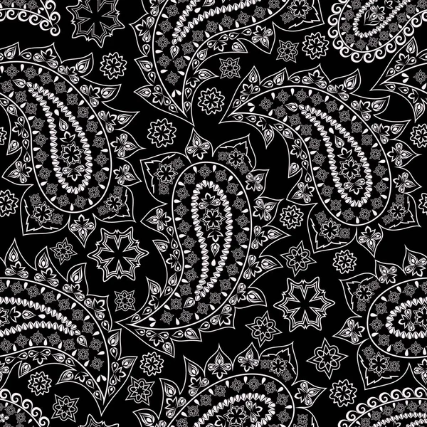 Seamless Black White Pattern Paisley Flowers Traditional Ethnic Ornament Vector — Stock Vector