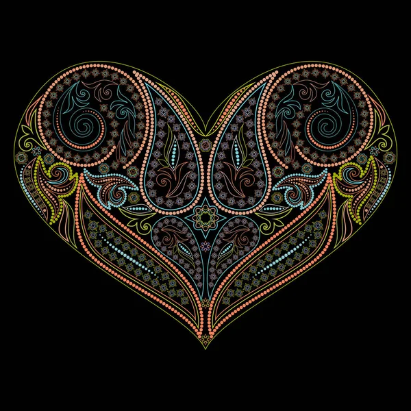 Corazón Colorido Patrón Arte Popular Con Paisley Flores Adorno Étnico — Vector de stock