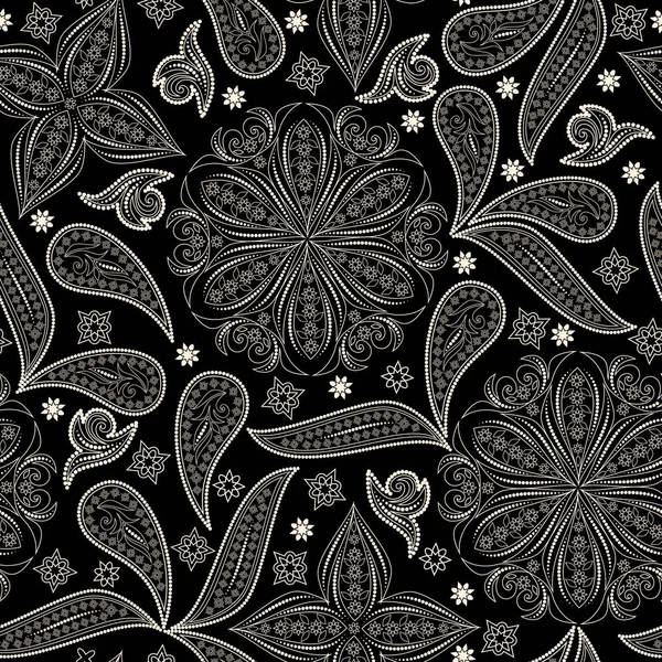 Nahtloses Schwarz Weißes Muster Mit Paisley Und Blumen Traditionelles Ethnisches — Stockvektor