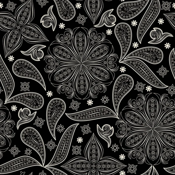 Patrón Blanco Negro Sin Costuras Con Paisley Flores Ornamento Étnico — Archivo Imágenes Vectoriales