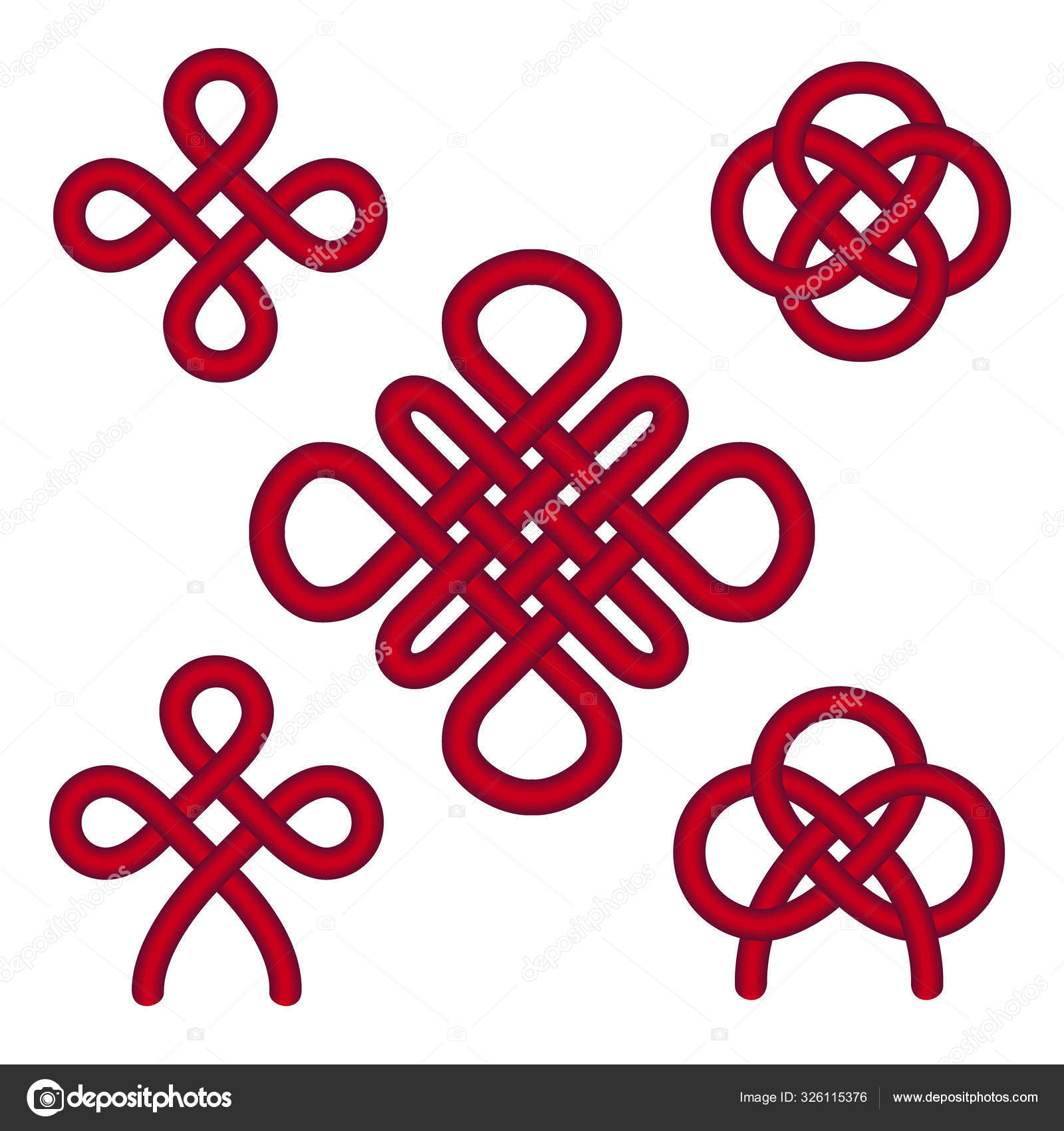 中国红结-花,盘昌,快乐,双币. 传统的亚洲吉祥符号。 5个向量组. 图库矢量图©beautyamethyst 326115376