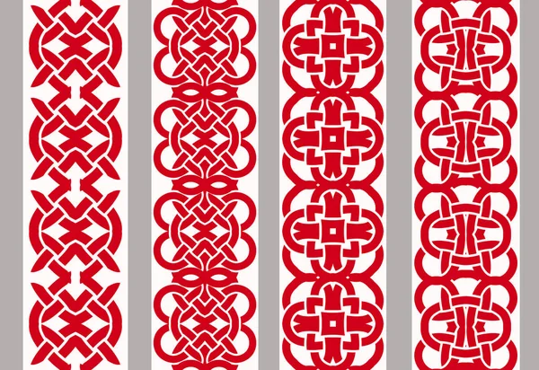 Vertical seamless geometric chinese pattern with red knots and ethnic elements. Vector set of 4. Use for embroidery, braid, tape, ribbon. — Stock Vector