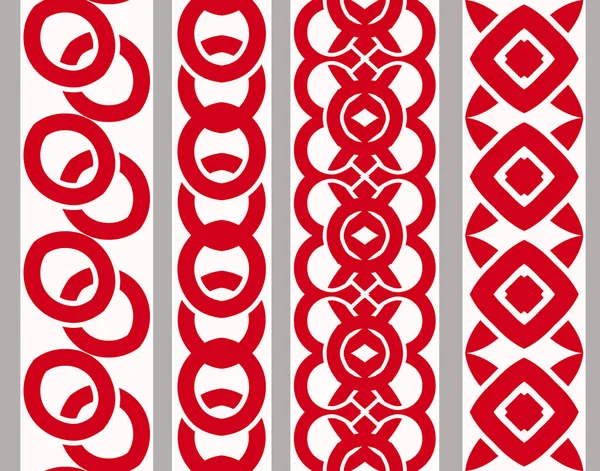 Függőleges varrat nélküli geometriai kínai minta piros csomókkal és etnikai elemekkel. Négyes vektorkészlet. Használata hímzéshez, fonáshoz, szalaghoz, szalaghoz. — Stock Vector