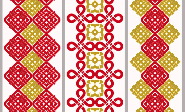 Modello geometrico cinese verticale senza cuciture con nodi rossi e dorati ed elementi etnici. Set vettoriale di 3. Uso per ricamo, treccia, nastro, nastro . — Vettoriale Stock