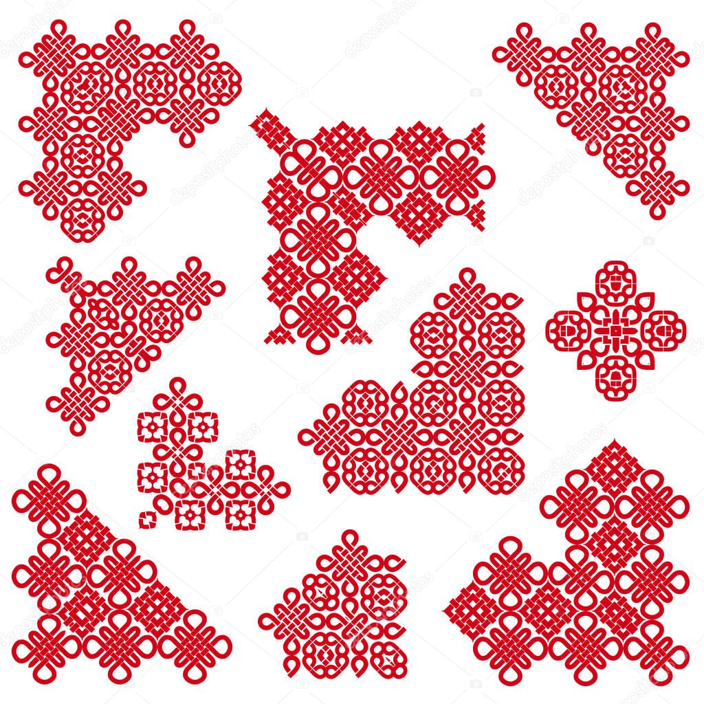 Red template corner in asian style with chinese knots. Deco borders, oriental ornament. Vector set of 9.
