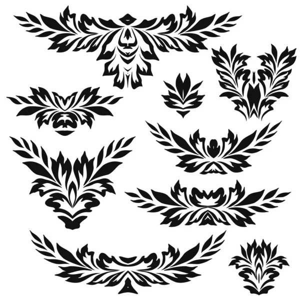 Plantillas florales en blanco y negro para la decoración de interiores, bordados. Patrón natural - objeto aislado. Conjunto vectorial de varios adornos, plantilla deco . — Archivo Imágenes Vectoriales