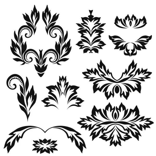 Zwart-wit bloemenstencils voor interieur decoratie, borduurwerk. Natuurlijk patroon - object geïsoleerd. Vector set van verschillende ornamenten, deco template. — Stockvector