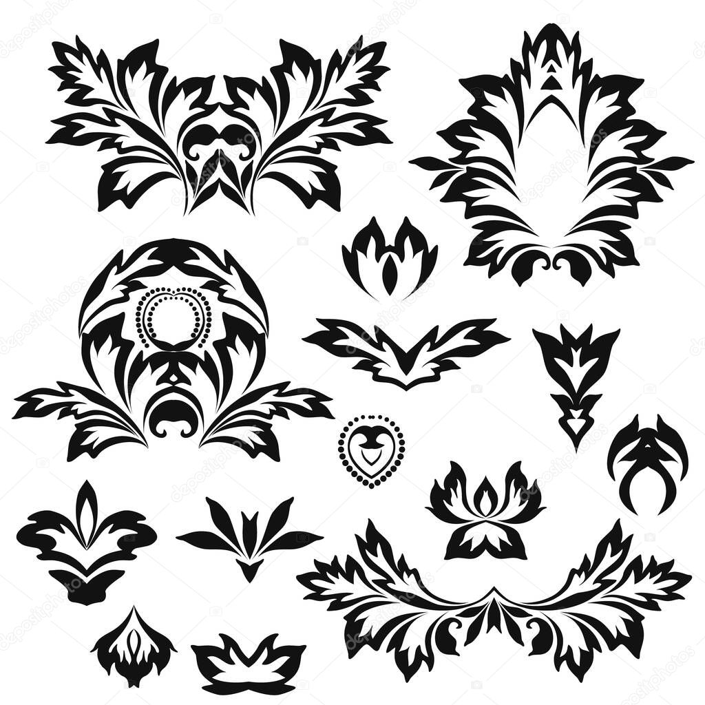 Black and white floral stencils for interior decoration, embroidery . Natural pattern - object isolated. Vector set of various ornaments, deco template.