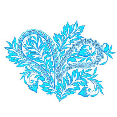 Paisley - mavi çiçekli halk sanatı deseni. Geleneksel etnik süs. Nesne beyaz arka planda izole edildi. Vektör baskısı.