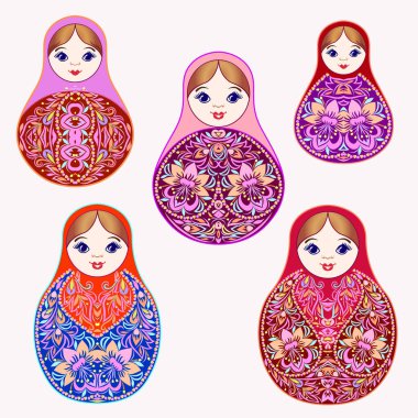 Renkli matruşka bebekler. Geleneksel Rus deseni, sanat sembolü. Klasik tasarım ve dekorasyon, vektör baskısı.