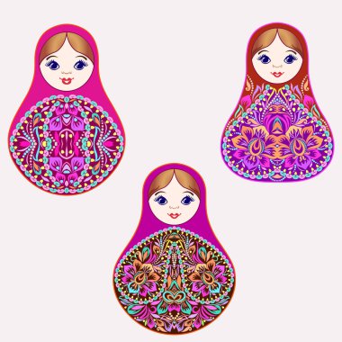 Renkli matruşka bebekler. Geleneksel Rus deseni, sanat sembolü. Klasik tasarım ve dekorasyon, vektör baskısı.