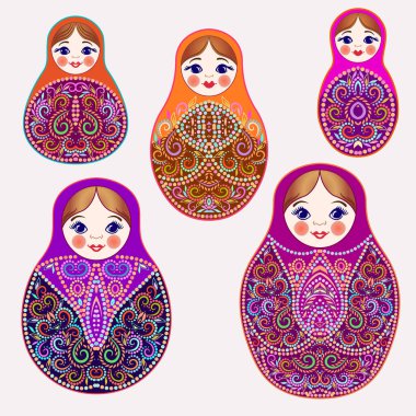 Renkli matruşka bebekler. Geleneksel Rus deseni, sanat sembolü. Klasik tasarım ve dekorasyon, vektör baskısı.