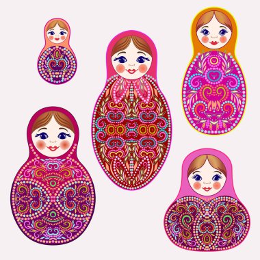 Renkli matruşka bebekler. Geleneksel Rus deseni, sanat sembolü. Klasik tasarım ve dekorasyon, vektör baskısı.