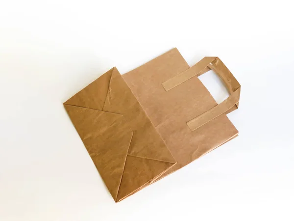 Empty Kraft Paper Bag Advertising Branding Isolated White Background Mock — 스톡 사진