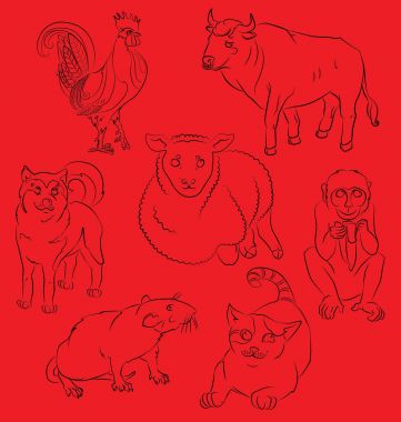 Boğa, kedi, köpek, horoz, maymun, koyun, sıçan