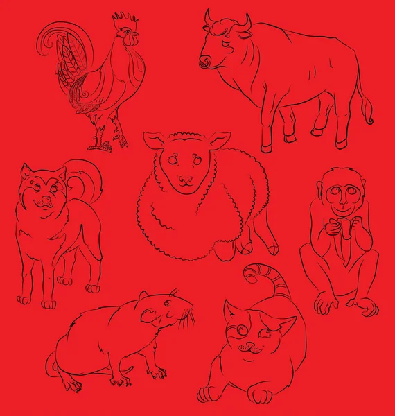 Bull, cat, dog, cock, monkey, sheep, rat — Vetor de Stock