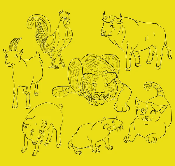Kohout, kočka, prase, potkan, koza, tygr a ox — Stockový vektor