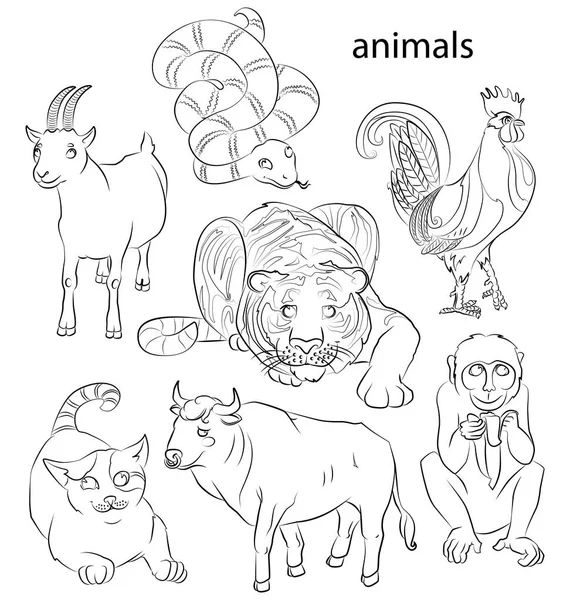 Hahn, Katze, Schlange, Affe, Ziege, Tiger und Ochse — Stockvektor
