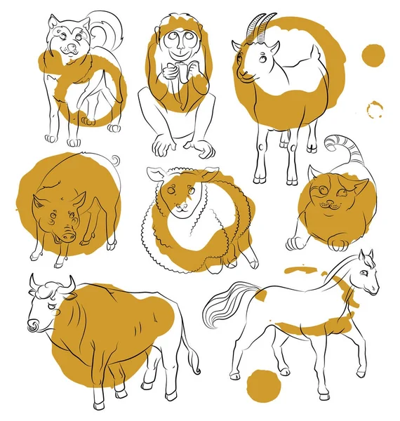Bull-Cat-Dog-Goat-Horse-Monkey-Pig-Sheep — стоковый вектор