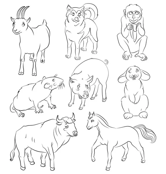 Bull-Dog-Goat-Horse-Monkey-Pig-Rabbit-Rat — Stockový vektor