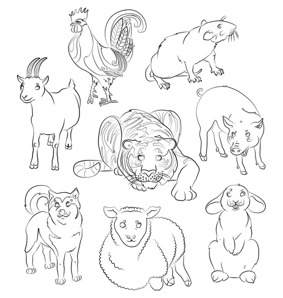 Cock-dog-Goat-pig-rabbit-rat-sheep-tiger — Stockvector