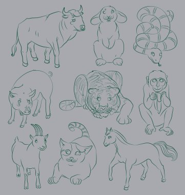 Bull-Cat-Goat-Horse-Monkey-Pig-Rabbit-Snake-Tiger
