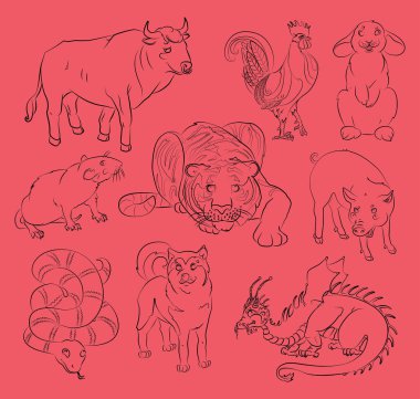 Boğa, horoz, köpek, ejderha, domuz, tavşan, fare, yılan, kaplan
