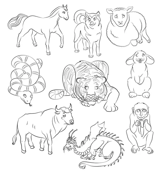 Bull-dog-dragon-horse-monkey-rabbit-sheep-snake-tiger — ストックベクタ