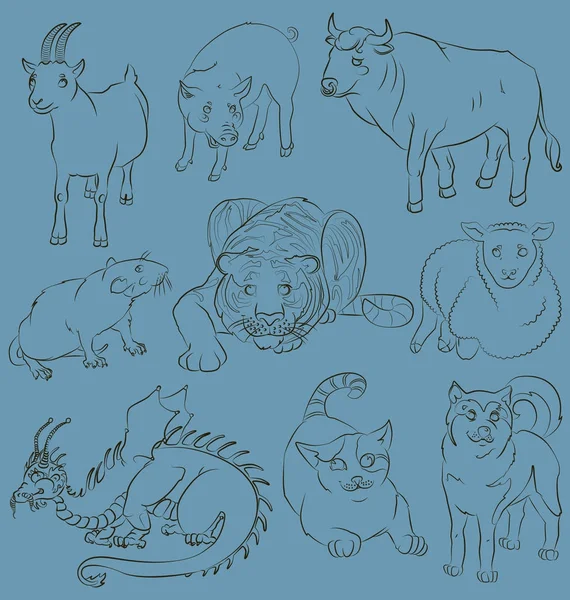 Toro-gato-perro-cabra-dragón-cerdo-rata-oveja-tigre — Archivo Imágenes Vectoriales