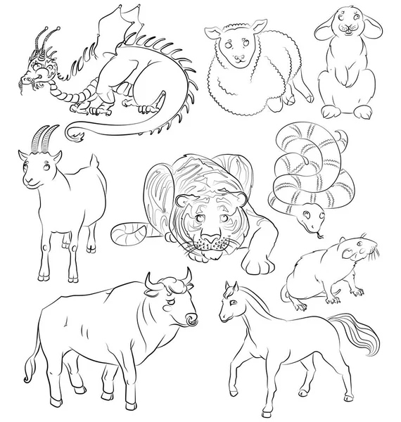 Bull-Dragon-Goat-Horse-Rabbit-rat-Sheep-Snake-Tiger — Wektor stockowy