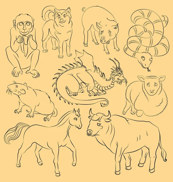 Bull-dog-dragon-horse-monkey-pig-rat-sheep-snake — ストックベクタ