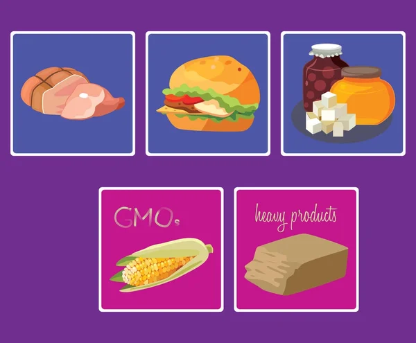 Carni, dolci, fast food, OGM, prodotti pesanti — Vettoriale Stock