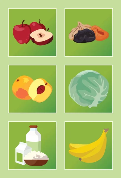 Manzanas, frutos secos, melocotones, col, productos lácteos, plátanos — Vector de stock