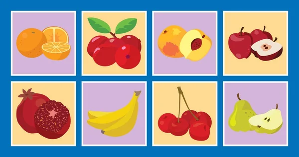 Apelsiner, bananer, persikor, äpplen, granater, tranbär, päron, — Stock vektor