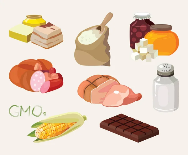 Kiełbasa wędzona, soli, czekolada, tłuszcze, GMO, słodycze, semolina — Wektor stockowy