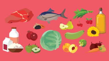 Meat, fish, butter, fruits, vegetables, dairy products- useful products