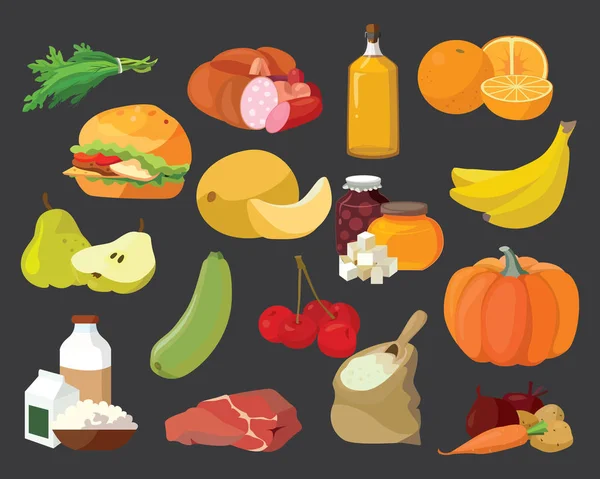 Frutas, verduras, grasas, carne, cereales, productos lácteos — Vector de stock